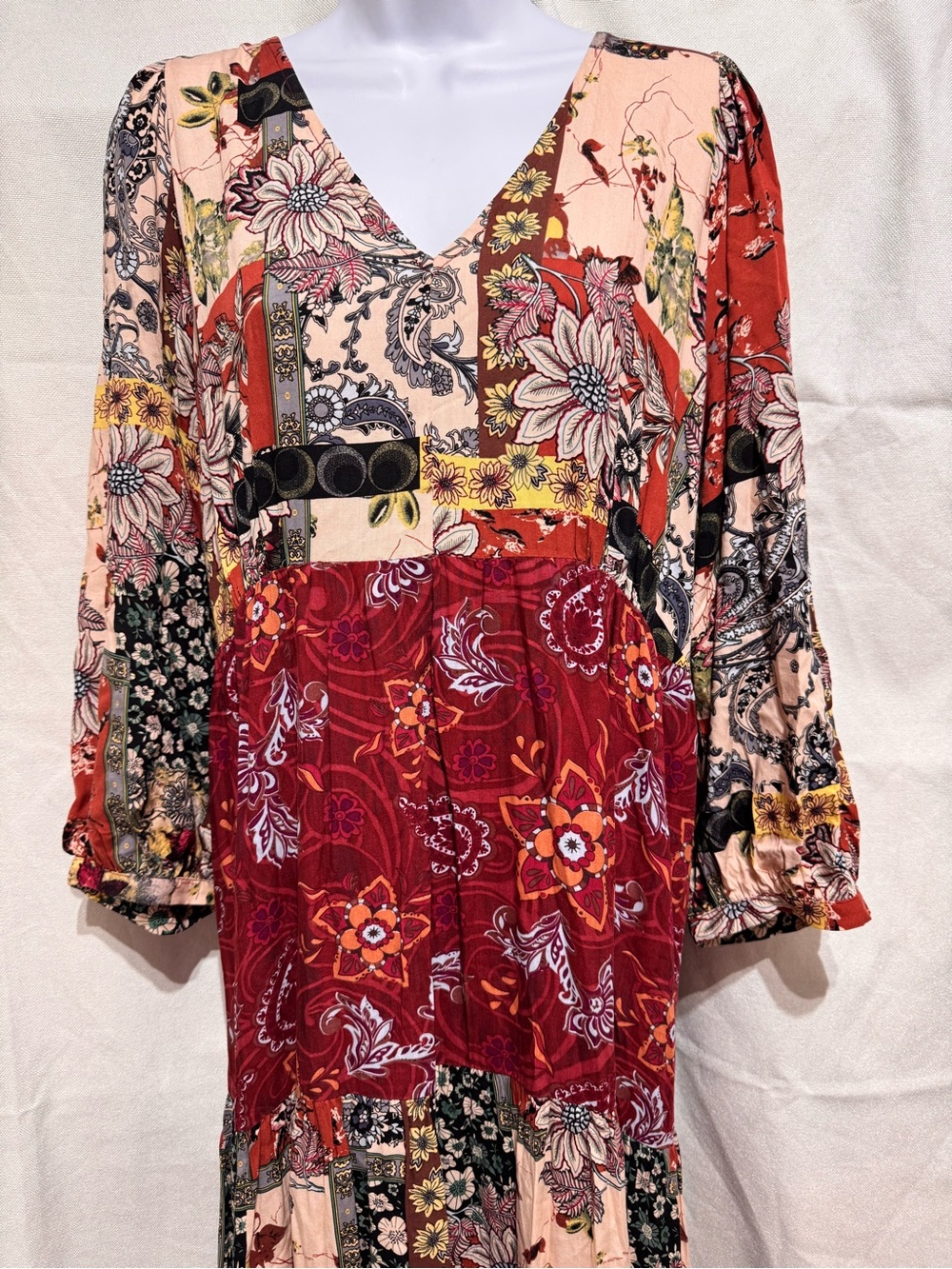 Burgandy Gigio by Umgee Mixed Print Tiered V-Neck Maxi Dress Patchwork Bohemian - Picture 2 of 11